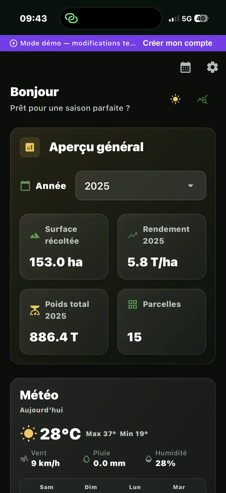Tableau de bord mobile Agricorn en mode démonstration
